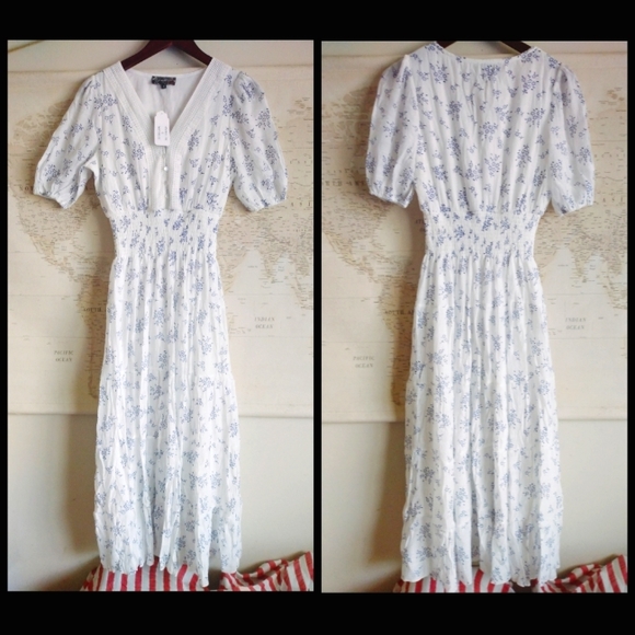 SOLD NEW White and Blue Floral Shirred Prairie Maxi Dress, Size S - Picture 2 of 8